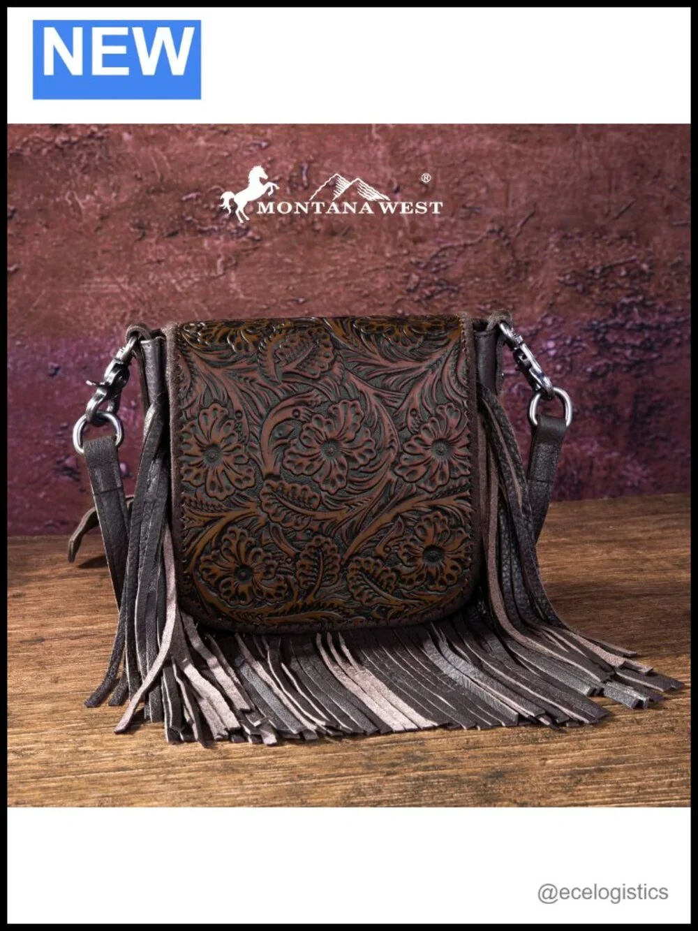 Genuine Leather Fringe Crossbody Bag with Floral Tooled Pattern - Small